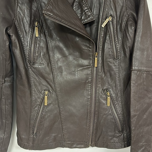 Michael Kors Rich Brown Leather Moto Jacket Size S/P Buttery Soft, lined, bronze - Picture 10 of 15